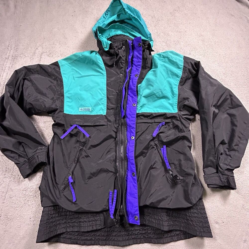Vintage Columbia Ski Jacket Mens Medium Black Teal Purple Colorblock Windbreaker